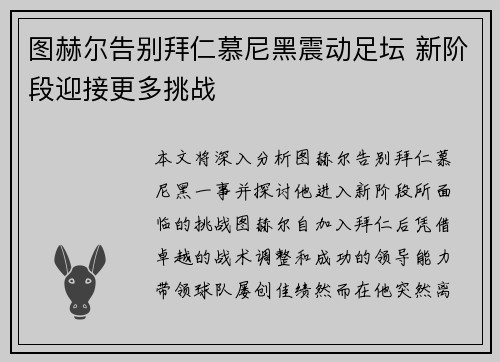 图赫尔告别拜仁慕尼黑震动足坛 新阶段迎接更多挑战 图赫尔告别拜仁慕尼黑震动足坛 新阶段迎接更多挑战